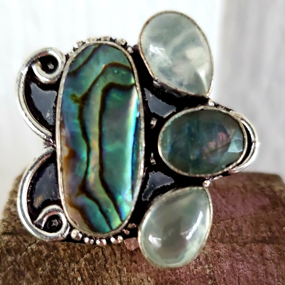New Abalone Shell, Labradorite and Agate 925 Silver Ring. - Picture 7 of 8